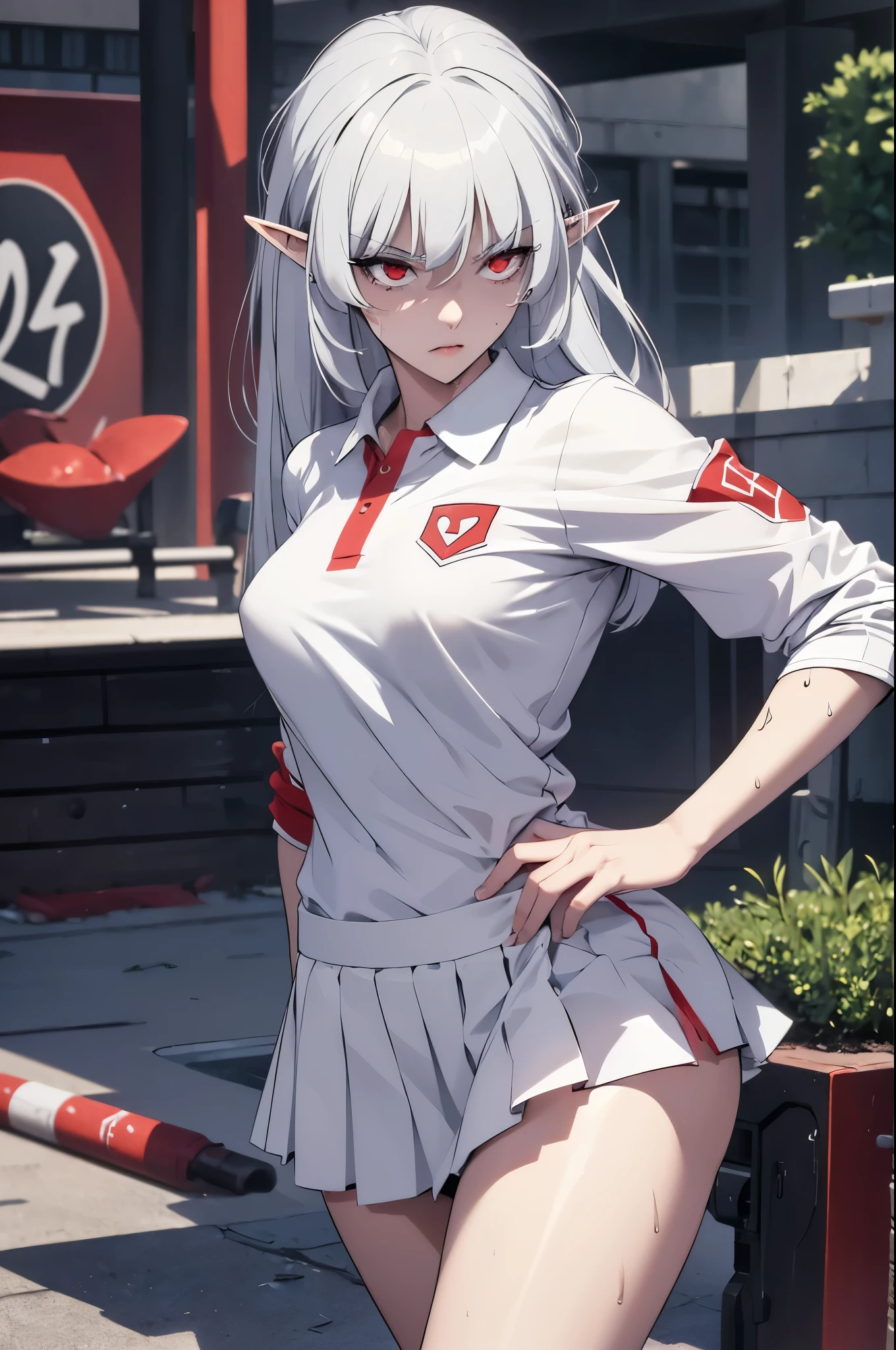 alice,vampire,grey hair, long hair, red eyes, pointy ears, small breasts,1girl, solo, white polo shirt, white sneakers, tennis wear, white miniskirt, masterpiece, best quality, realistic, hyper-detailed, (shiny skin, sweaty:1.2), absurd, looking at viewer, short red hair, red eyes, slender, dynamic lighting, high resolution, sharp focus, depth of field, detailed eyes, sharp pupils, realistic pupils, , (thick thighs:1.0), outdoor, sky
