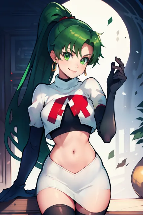 lyn, ponytail, green eyes, green hair, earrings ,team rocket uniform, red letter r, white skirt,white crop top,black thigh-high ...