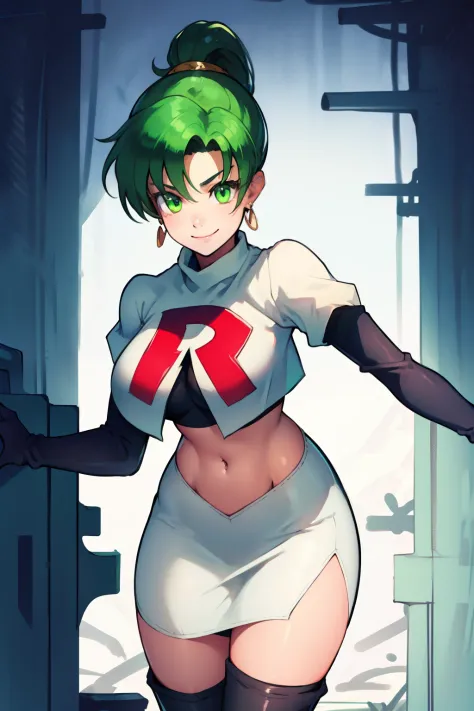 lyn, ponytail, green eyes, green hair, earrings ,team rocket uniform, red letter r, white skirt,white crop top,black thigh-high ...