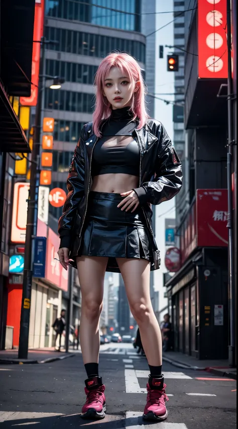 anime girl posing on city street，japanese girl，long pink hair，ruffled miniskirt，vein punk style，cyberpunk streetwear，female cybe...