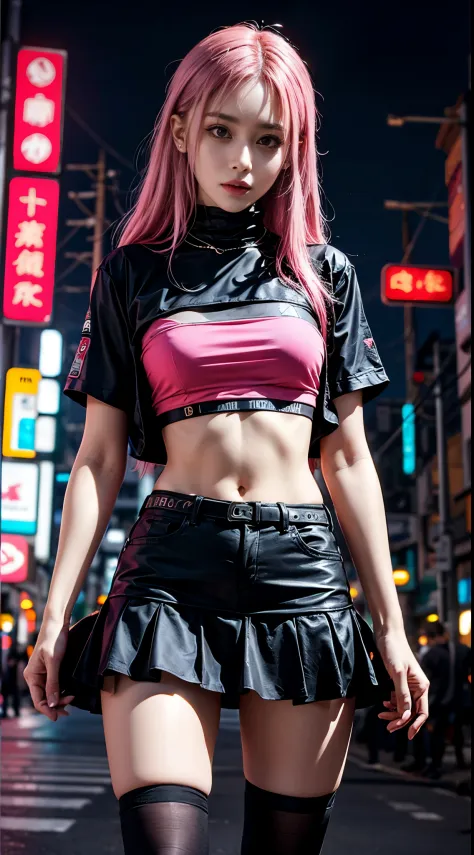 Anime girl posing on city street，japanese girl，long pink hair，Ruffled miniskirt，vein punk style，cyberpunk streetwear，Female Cybe...