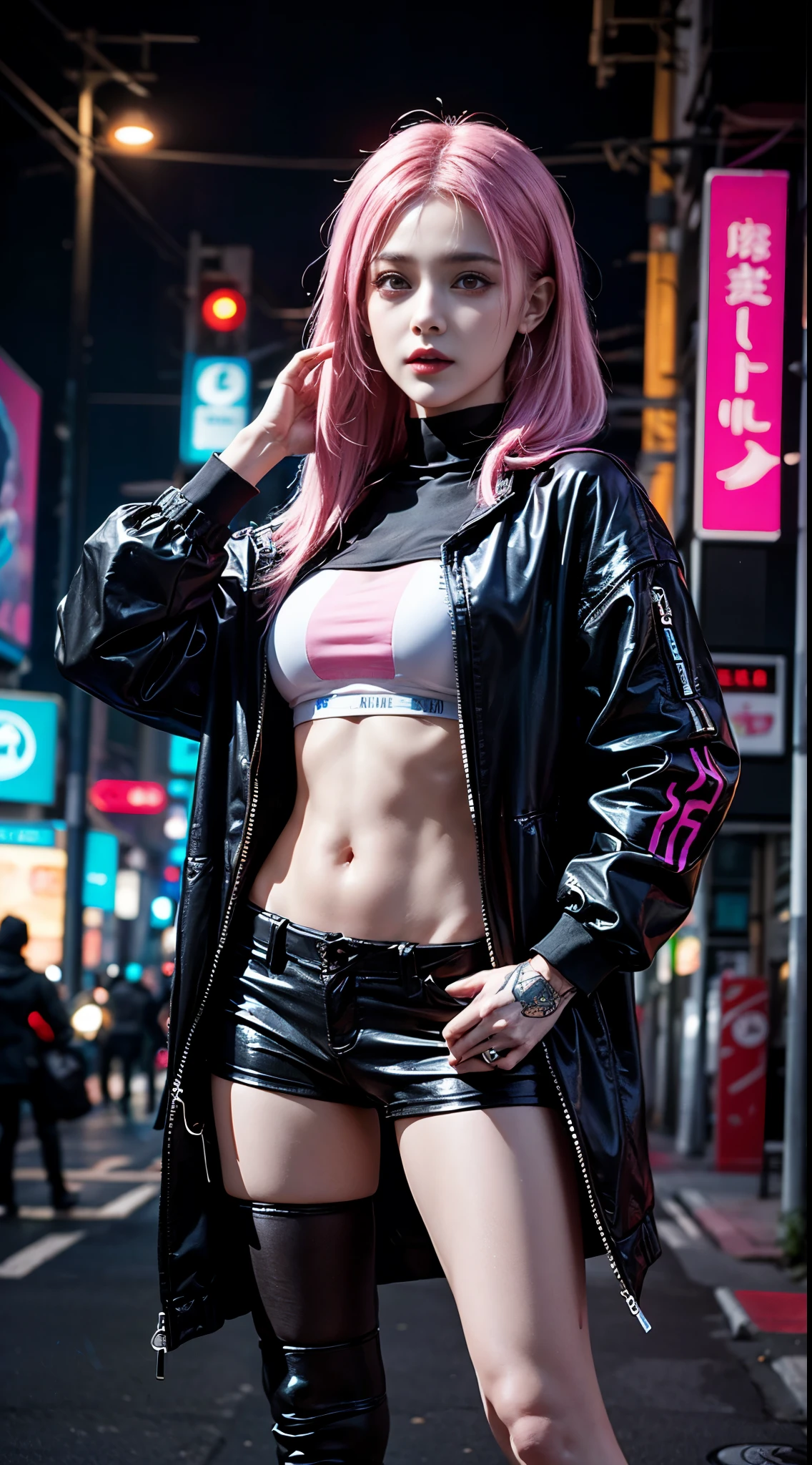 Anime girl posing on city street，long pink hair，vein punk style，cyberpunk streetwear，Female Cyberpunk Anime Girl，cyberpunk anime girl，Wear cyberpunk streetwear，Cyberpunk fashion clothing，Cyberpunk Fashion Clothinodel girl with cyborg style，cyberpunk style，cyberpunk style clothing，cyberpunk style colors，cyberpunkoutfit