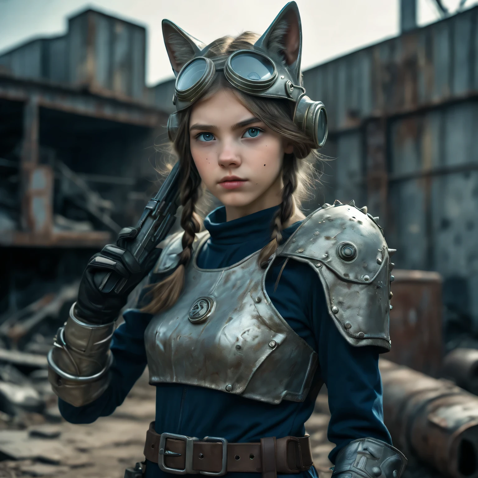 White girl, ((Anglo-Saxon)) ,wearing (vaultsuit with pipboy3000 on wrist) standing in a rundown rusty post apocalyptic steel bunker, holding a weapon in her right hand, giant fallout monster in background, professionally color graded, professional photography, well drawn, masterpiece, hyper realistic, ultra detailed, high quality, best quality, 4k, 8k, raw, detailed and realistic eyes, petite, 13 years old, )) ((wearing long leather gloves cover all her fingers)), , wearing cats ears, highly detailed, vibrant,8k Ultra HD