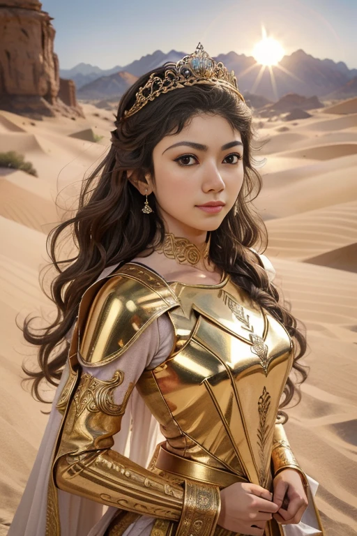 ( rays of sunlight) Sai pallavi as an angelic warrior in shining gold armor, long golden bracelets, golden tiara with wings design on the forehead, all gold outfit, thighs exposed, athletic , thick and toned thighs, Arms with defined musculature, broadshouldered, balanced waist, long hair in the wind, strong facial expression, clear eyes, golden eyebrows, gold eyes, look-at-camera, Smoothly defined musculature, full body perspective, Desert dunes, 32K Realism