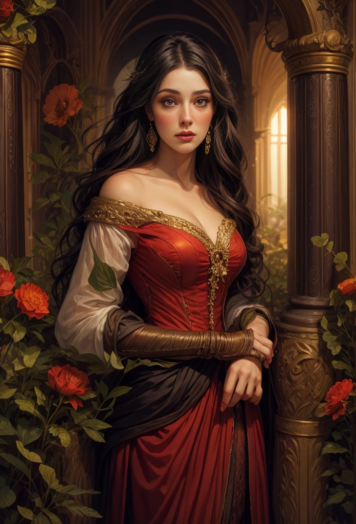 a close-up of a woman in a red dress standing in a garden, inspirado em Magali Villeneuve, inspirado em Edmund Leighton, Magali Villeneuve&#39;, obra de arte! retrato de arwen, pintura digital renascentista, capa de romance, graphic artist Magali Villeneuve, fantasy genre portrait, artistic style tom bagshaw, senhora de armadura vermelha