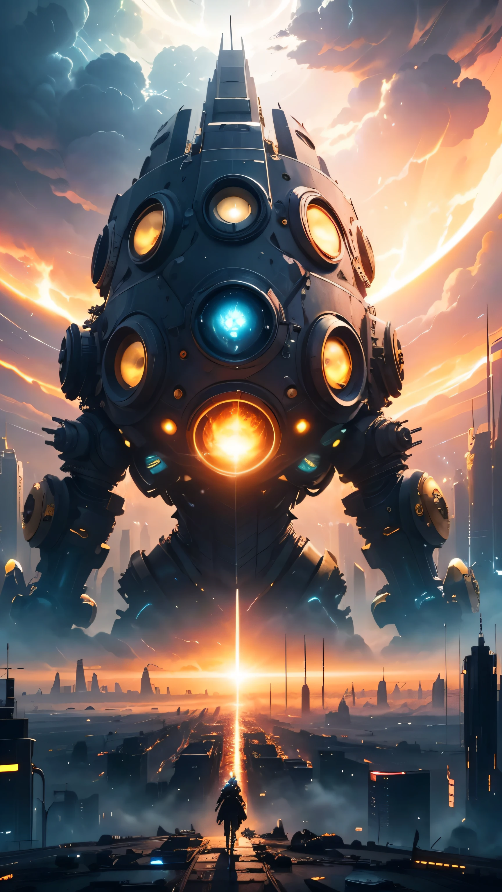 Lily Collins，kinginyellow，Power Equipment，crystal clear，The middle，large sphere，Emit blue light，background with，future technology，cyberpunk city，Large mechanical building，big gear，doomsday ruins，giant tornado，strange sky，lightning thunder，sunset fire cloudultiple planets，end of the world，giant tornado