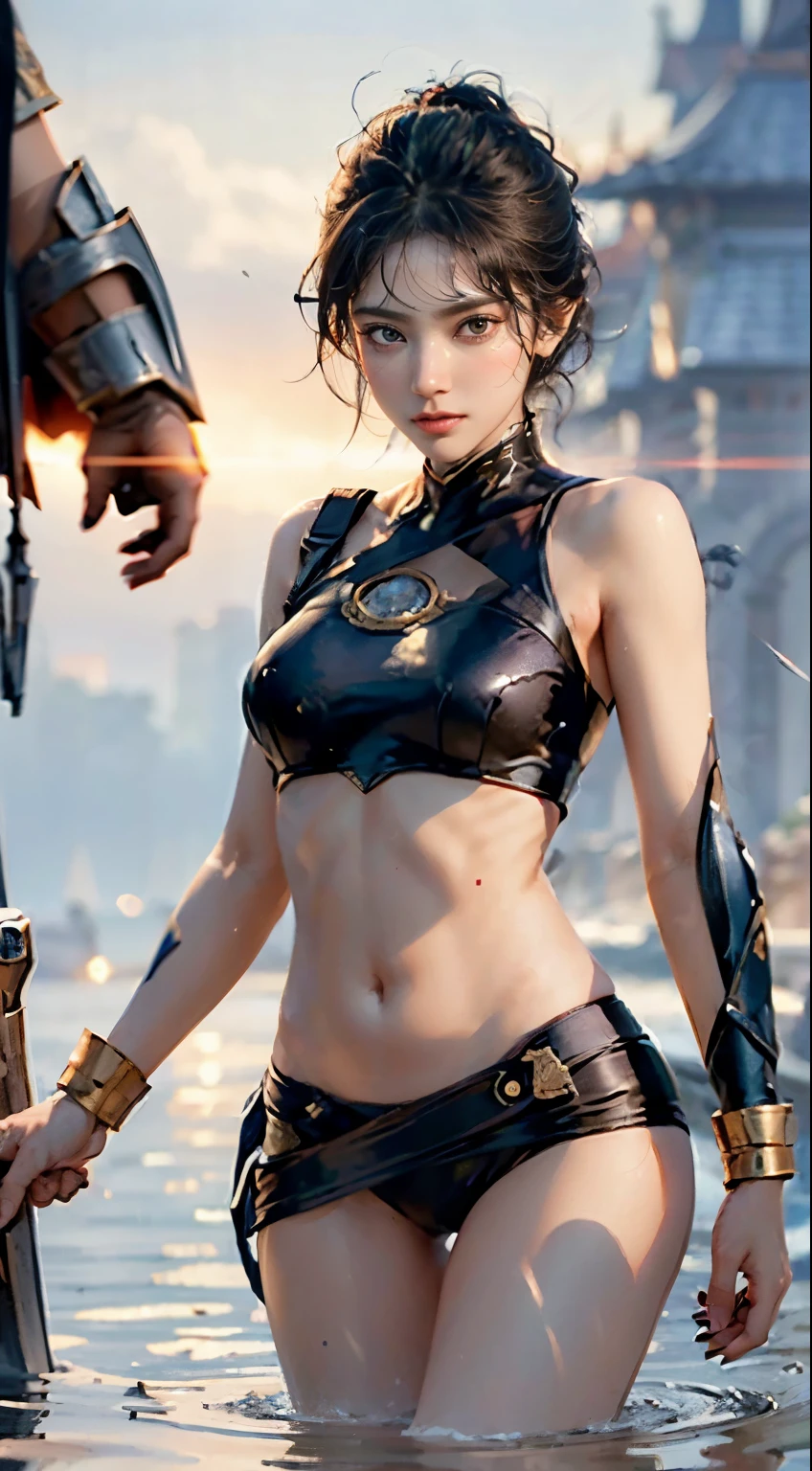 (The FW), 1womanl, Solo, 24 year old, 7headed body, (cute  face), (Ideal ratio body proportions), long , Fantasia, Magic Effects, (((A warrior))), , heavy wind, The costume sheer, Wet, short-hair, Dark hair, , A slender, Small buttocks, beauty legs, Skinny Legs, surrealism, Cinematic lighting, depth of fields, One-person viewpoint, F/1.8, 135 mm, nffsw, masterpiece, accurate, ((Anatomically correct)), Textured skin, Super Detail, high details, High quality, awardwinning, Best Quality, hight resolution, 8K