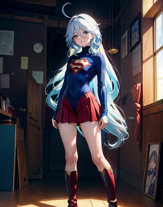 ((highest quality, masterpiece, disorganized) ，supergirl，Crab crotch，M-shaped legs，please show me your boots , 17 years old,long hair, hair with volume, hair loss, expressive eyes,Blue Bodysuit，red skirt，red heel boots，blue leotard，view of other buildings ,defeat，detailed description，solo 1 girl，full body shot，masturbation，Shame on you，Stain your face red，Watery eye，