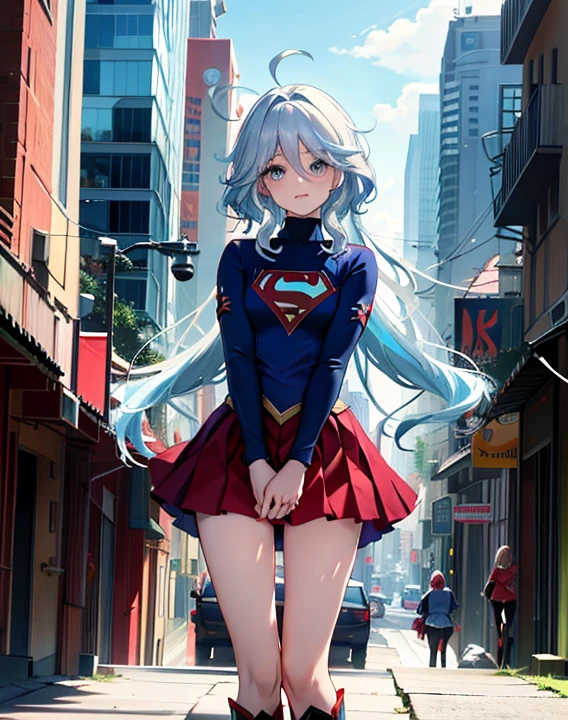 ((highest quality, masterpiece, disorganized) ，supergirl，Crab crotch，M-shaped legs，please show me your boots , 17 years old,long hair, hair with volume, hair loss, expressive eyes,Blue Bodysuit，red skirt，red heel boots，blue leotard，view of other buildings ,defeat，detailed description，solo 1 girl，full body shot，masturbation，Shame on you，Stain your face red，Watery eye，