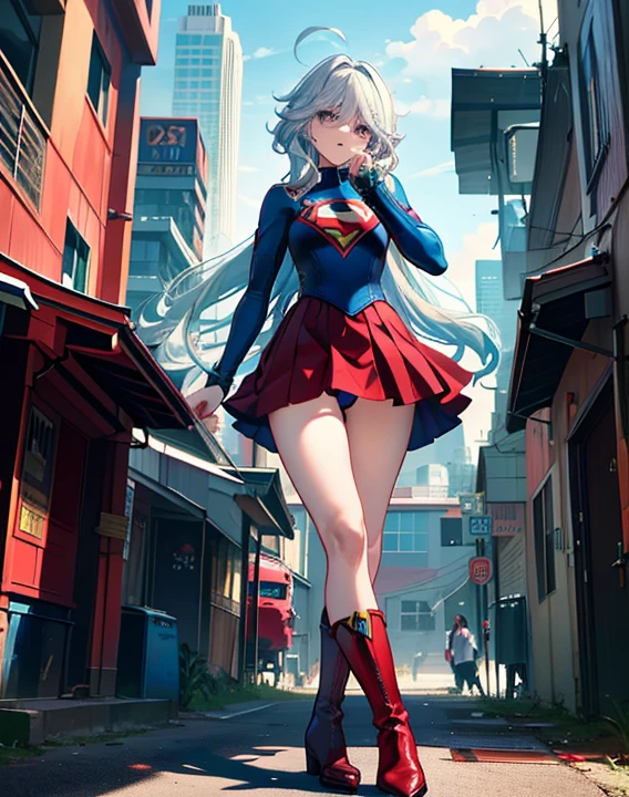 ((highest quality, masterpiece, disorganized) ，supergirl，Crab crotch，M-shaped legs，please show me your boots , 17 years old,long hair, hair with volume, hair loss, expressive eyes,Blue Bodysuit，red skirt，red heel boots，blue leotard，view of other buildings ,defeat，detailed description，solo 1 girl，full body shot，masturbation，Shame on you，Stain your face red，Watery eye，