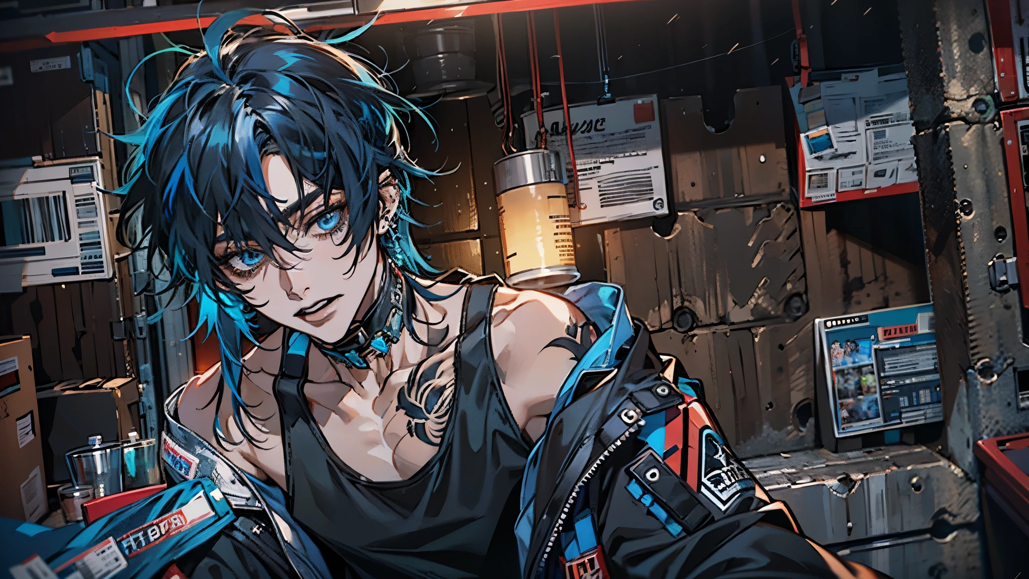 Masterpiece, best quality, high quality, ultra detailed, 1boy, handsome, dark blue hair, white streaked hair, black top, cyber punk, tattoos all over the body, ear piercings, facial piercings