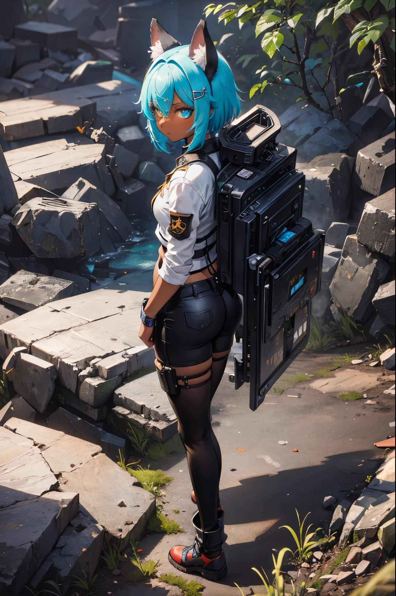 8K, Best Quality, Masterpiece, Ultra High Resolution, girl, short blue hair color, (short length cyan blue hair, disheveled hair), bright blue eyes, 1girl, black and white fox ears with piercings, blue hair, fantasy world, dark skin, dark skinned, 15 year old girl, big ass, black skin toned girl, black girl, fox ears, dark skin, dark skin toned girl, ranger, sniper girl, outside, badlands, wearing bandits attire, rough looking outfit, a very worn outfit, wearing light clothing, has fox ears, out in the wastelands, in a wasteland, out in the middle of nowhere, in the wilderness, sniper rifle strapped to her back