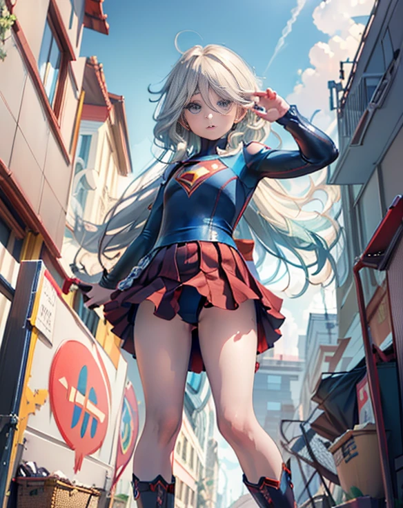 ((highest quality, masterpiece, disorganized) ，supergirl，Crab crotch，M-shaped legs，please show me your boots , 17 years old,long hair, hair with volume, hair loss, expressive eyes,Blue Bodysuit，red skirt，red heel boots，blue leotard，view of other buildings ,defeat，detailed description，solo 1 girl，full body shot，masturbation，Shame on you，Stain your face red，Watery eye，