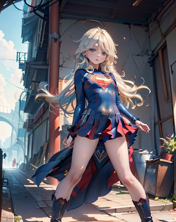 ((highest quality, masterpiece, disorganized) ，supergirl，Crab crotch，M-shaped legs，please show me your boots , 17 years old,long hair, hair with volume, hair loss, expressive eyes,Blue Bodysuit，red skirt，red heel boots，blue leotard，view of other buildings ,defeat，detailed description，solo 1 girl，full body shot，masturbation，Shame on you，Stain your face red，Watery eye，