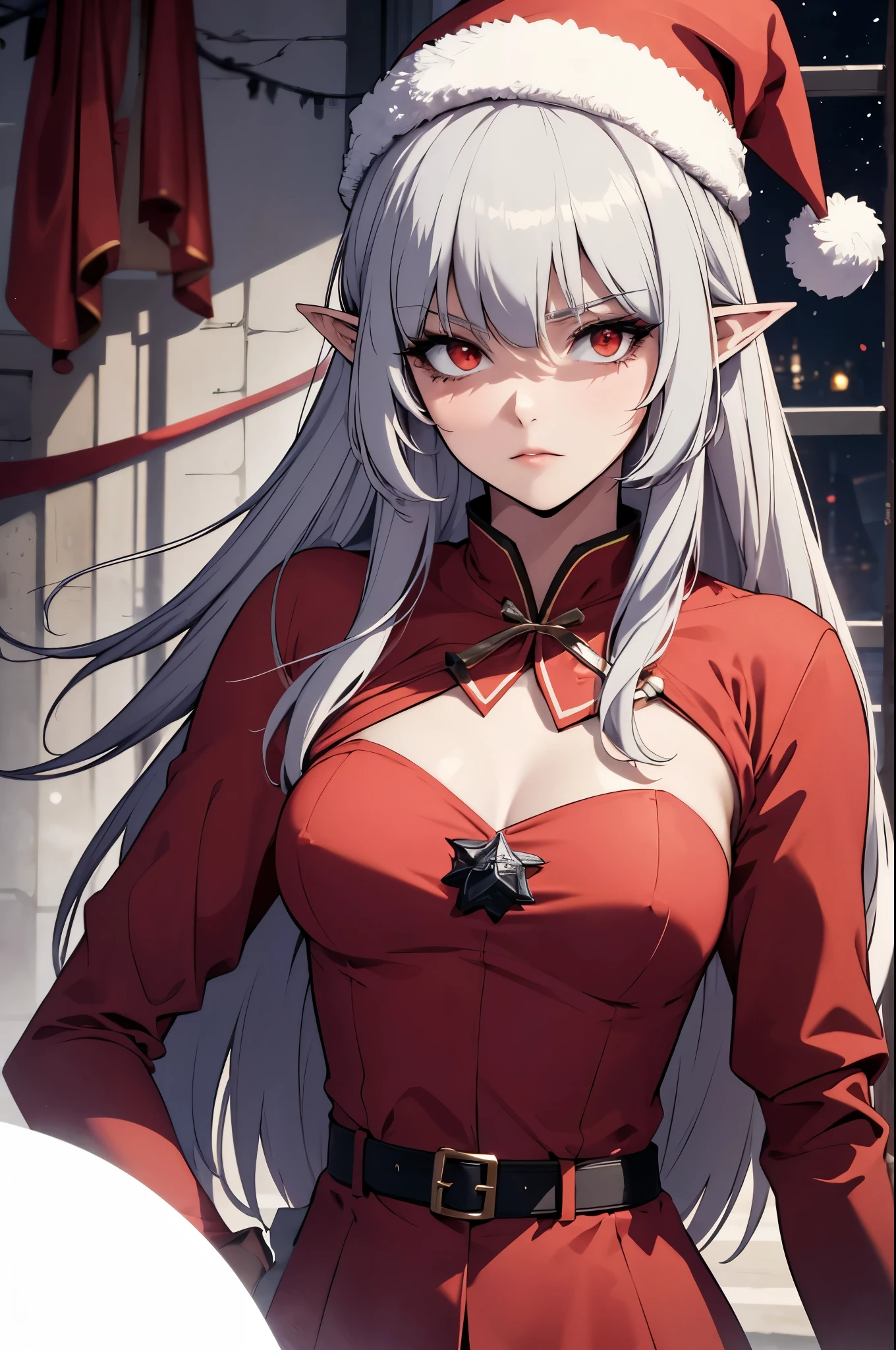 alice,vampire,grey hair, long hair, red eyes, pointy ears, small breasts, hair, blush, red capelet, christmas, santa dress, capelet, dress, fur-trimmed capelet, santa costume, santa hat, red dress, red headwear, bangs, breasts, fur-trimmed dress, hat, fur trim, upper body, masterpiece, best quality