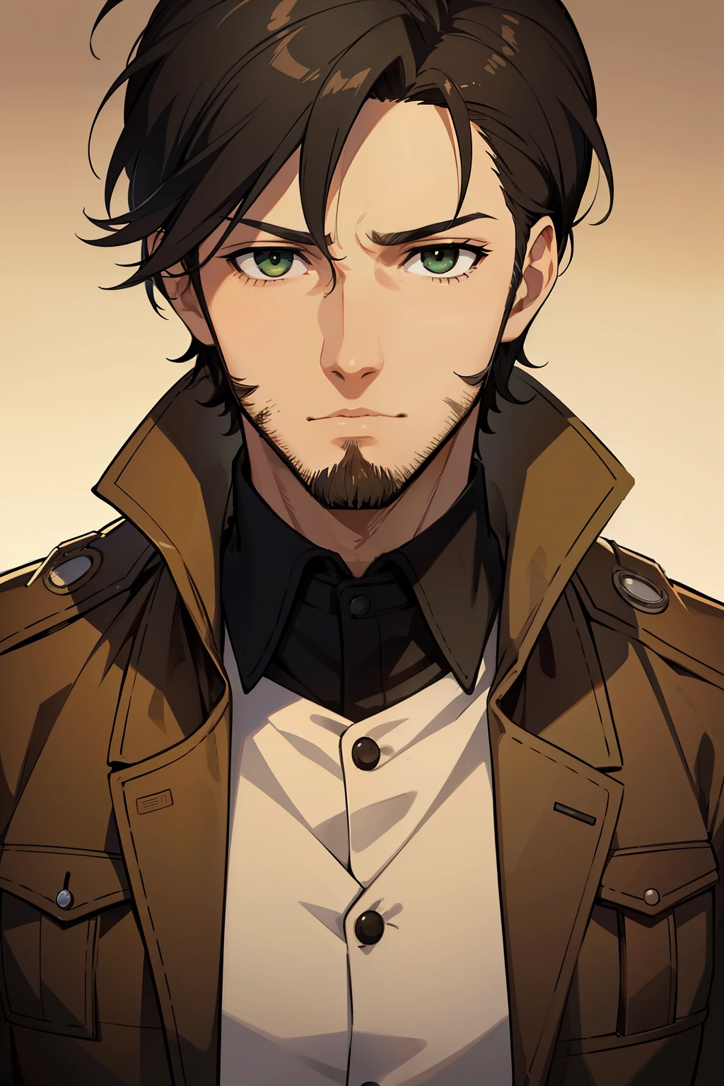 (high-quality, breathtaking),(expressive eyes, perfect face) 1male, male, solo, young adult, medium length black hair, curley hair, brown eyes, fluffy hair, loose hair, military uniform, survey corps attack on titan, shingeki no kyoji, black shirt, brown jacket, green eyes, gentle smile, gentle expression, quiff haircut, quiff hairstyle, 5’O Clock Shadow beard, hair combed back, italian
