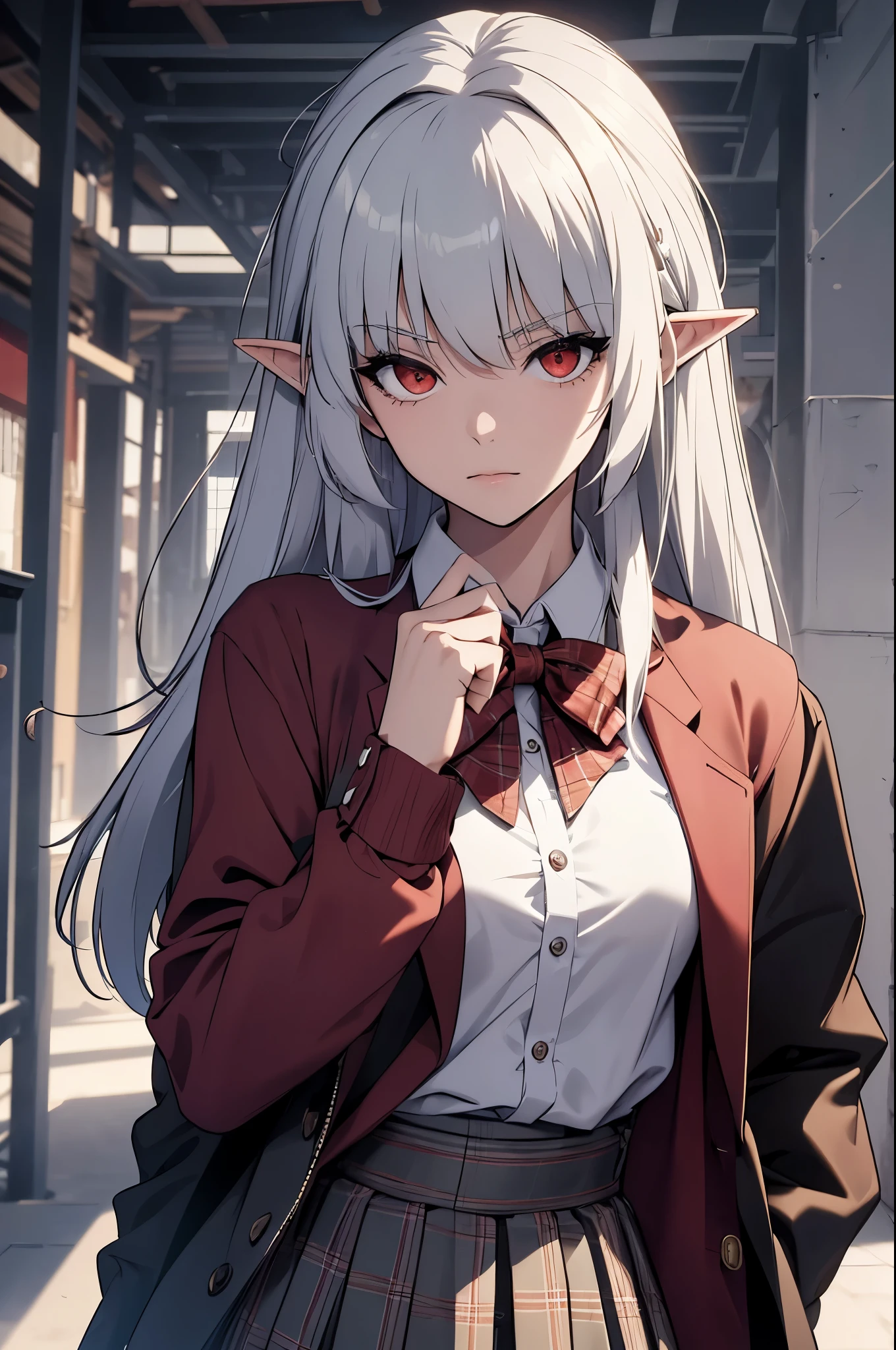 alice,vampire,grey hair, long hair, red eyes, pointy ears, small breasts, hair clip, x hair ornament, skirt, bow, school uniform, jacket, plaid, plaid skirt, sweater vest, shirt, white shirt, collared shirt, (masterpiece:1.2), best quality, high resolution, unity 8k wallpaper, (illustration:0.8), perfect lighting, extremely detailed CG, (perfect anatomy)
