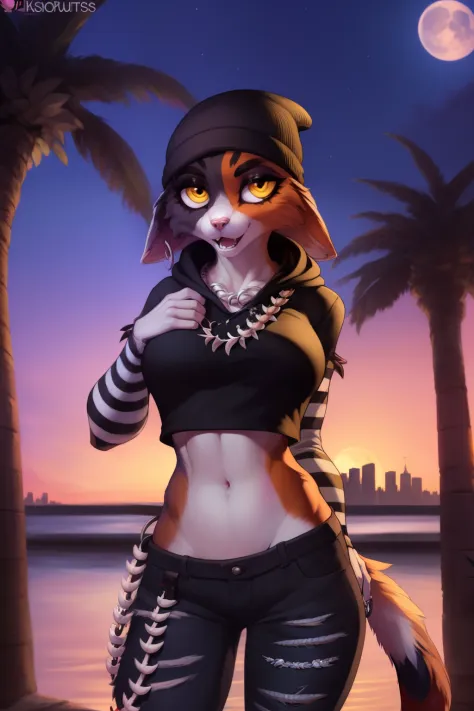 uploaded on e621, explicit content, 3d, (bastika, cutesexyrobutts, hioshiru), female, solo, solo, (shaded face:1.2), furry female anthro meowskulls, (pinknose:1.3), standing, hands in pocket, (tail:1.1) smile, looking at viewer, open mouth, bandolier, neck...