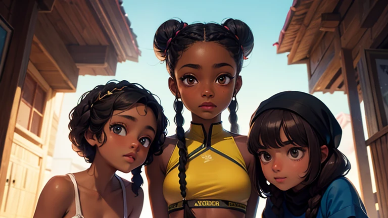 There are 3 black girls, black girl number 1 is wearing goddess braids in a bun up, black girl number 2 is wearing goddess braids down, theres a black girl who has a hijab, theres another black girl with a natural small afro. Theres a tan girl who has straight brown hair.