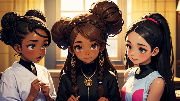 There are 3 black girls, black girl number 1 is wearing goddess braids in a bun up, black girl number 2 is wearing goddess braids down, theres a black girl who has a hijab, theres another black girl with a natural small afro. Theres a tan girl who has straight brown hair.