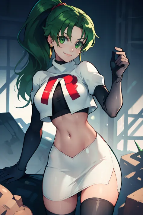 lyn, ponytail, green eyes, green hair, earrings ,team rocket uniform, red letter r, white skirt,white crop top,black thigh-high ...