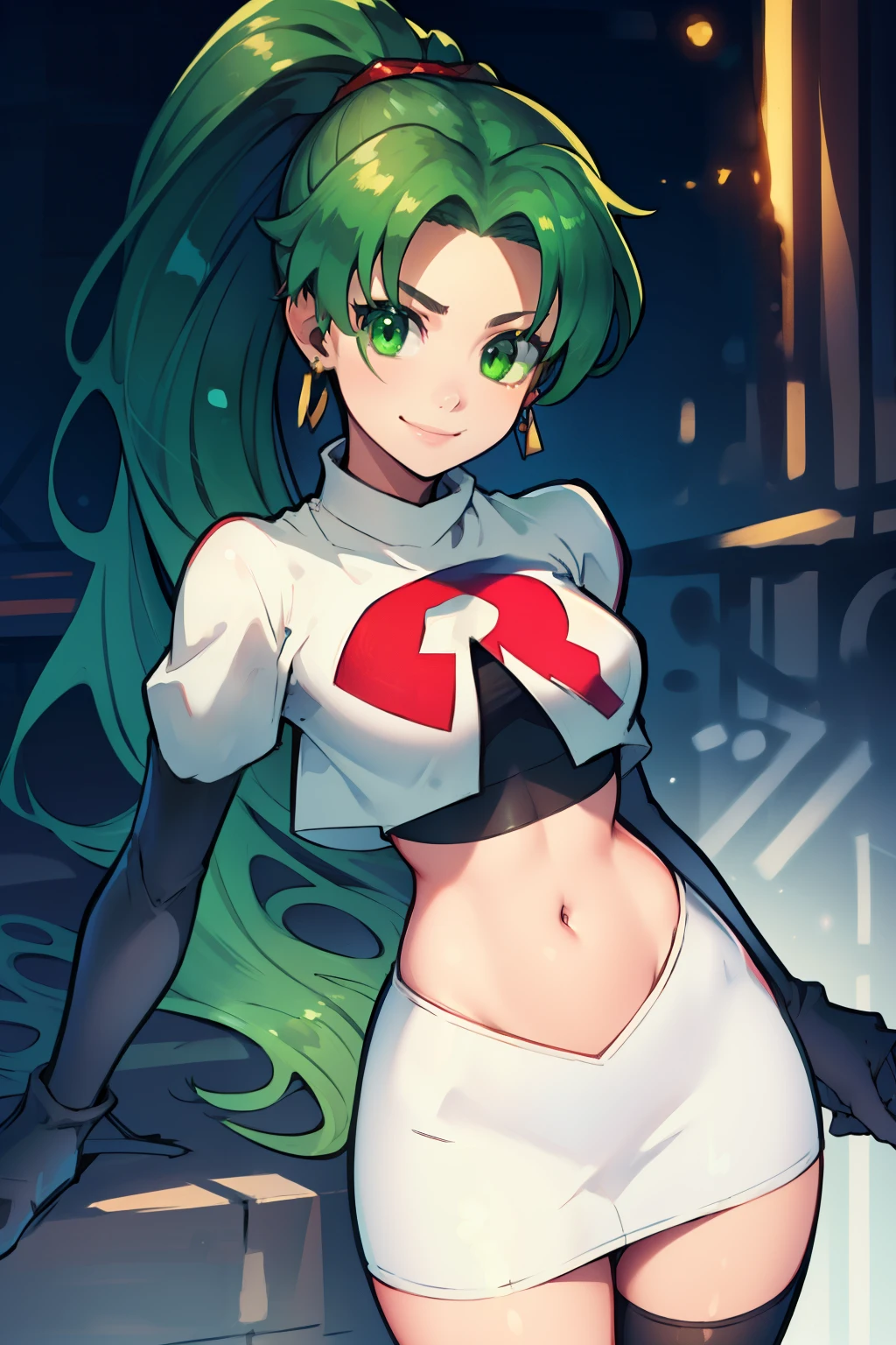 lyn, ponytail, green eyes, green hair, earrings ,team rocket uniform, red letter R, white skirt,white crop top,black thigh-high boots, black elbow gloves, evil smile, looking at viewer, cowboy shot, 