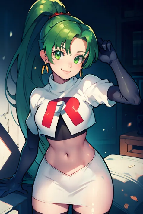 lyn, ponytail, green eyes, green hair, earrings ,team rocket uniform, red letter r, white skirt,white crop top,black thigh-high ...