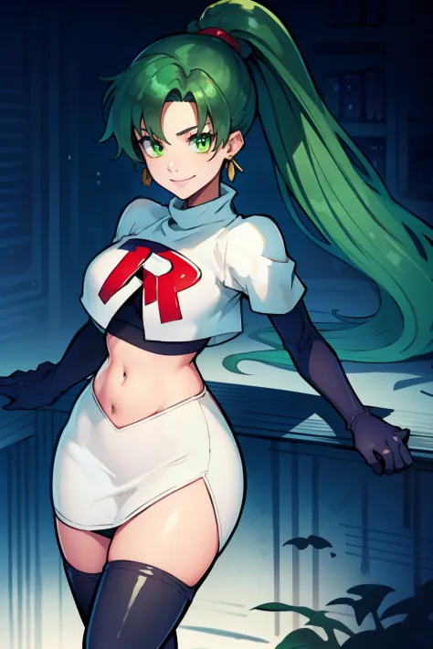 lyn, ponytail, green eyes, green hair, earrings ,team rocket uniform, red letter r, white skirt,white crop top,black thigh-high ...