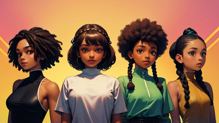 There are 3 black girls, black girl number 1  wearing goddess braids in a bun up, black girl number 2  wearing goddess braids down, theres a black girl who has a hijab, theres another black girl with a natural small afro. Theres a tan girl who has straight brown hair.