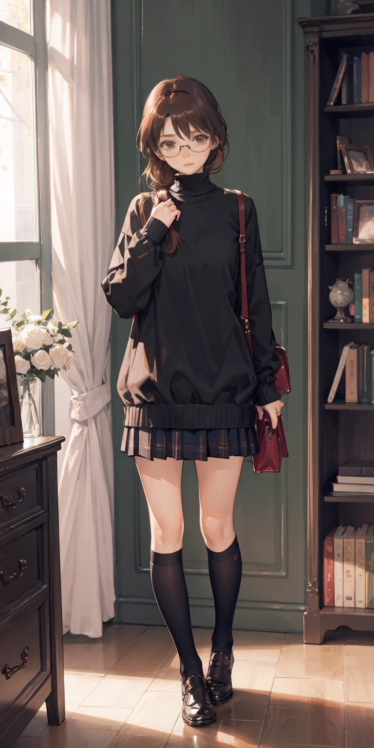 full-body close-up, create an elegant atmosphere, (masterpiece),(best quality), glasses, chakumomi, pov hand, breast grab, (embarrassed),sweater, in library, standing on wood floor
