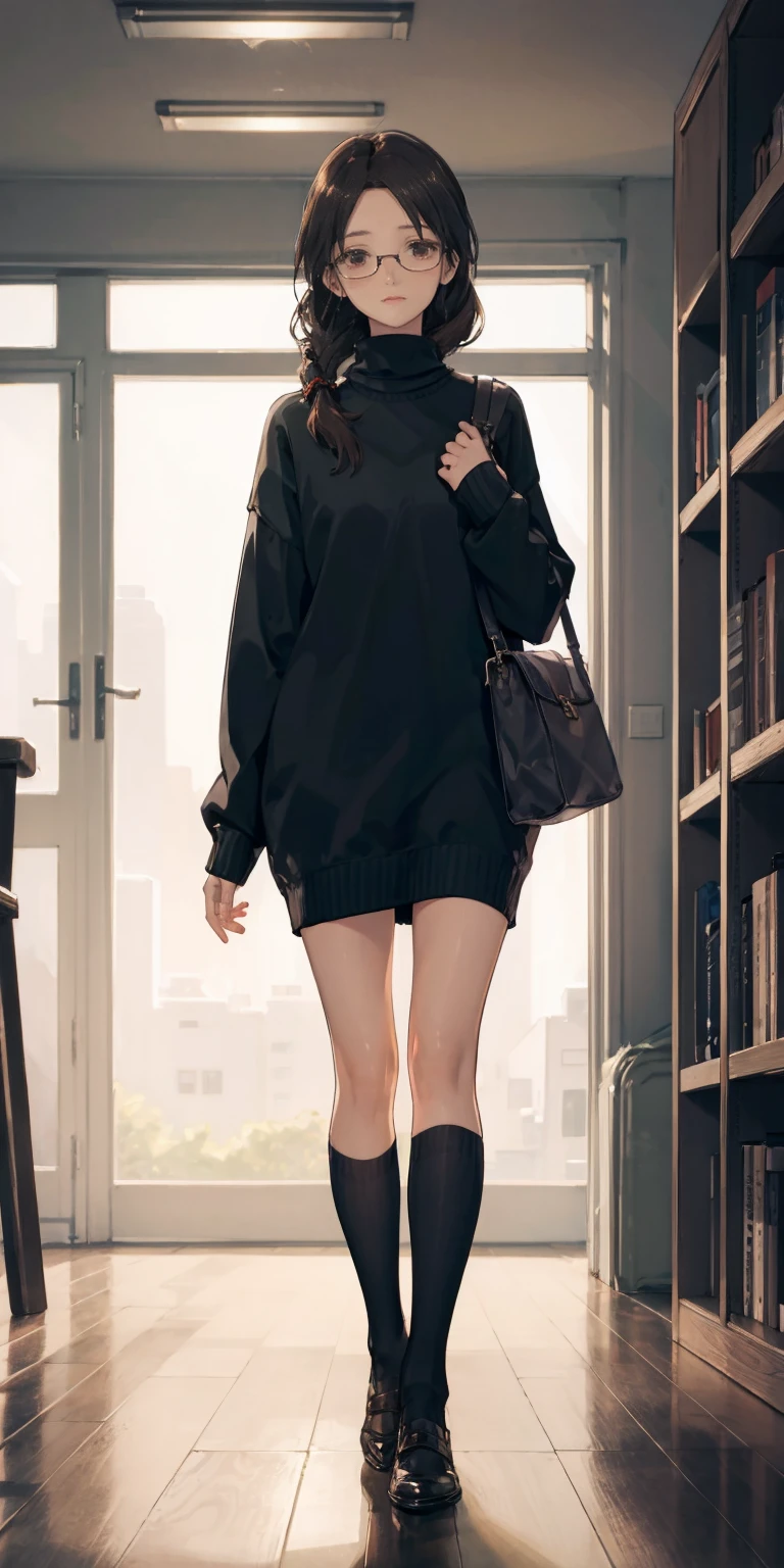 full-body close-up, create an elegant atmosphere, (masterpiece),(best quality), glasses, chakumomi, pov hand, breast grab, (embarrassed),sweater, in library, standing on wood floor
