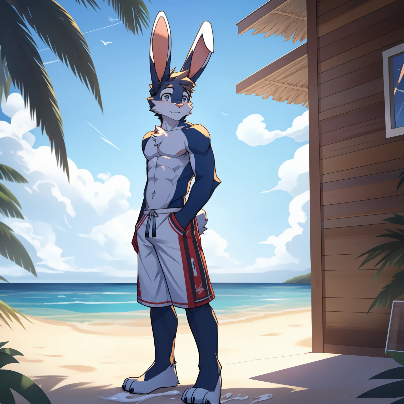 A cartoon rabbit standing on a beach next to a house - SeaArt AI