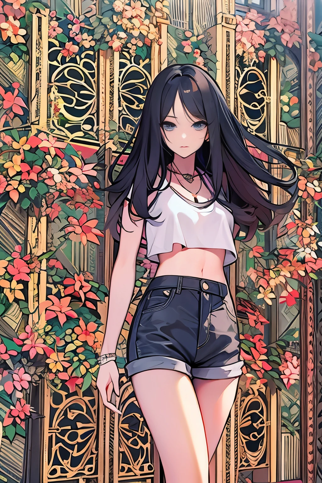 Anime girl in short shorts and crop top standing in front of a gate -  SeaArt AI