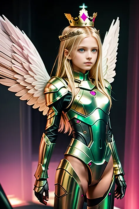 a 10 year old girl with long hair green eyes blonde hair like angel, girl has machine wings, wearing sexy pink armor, wearing a ...