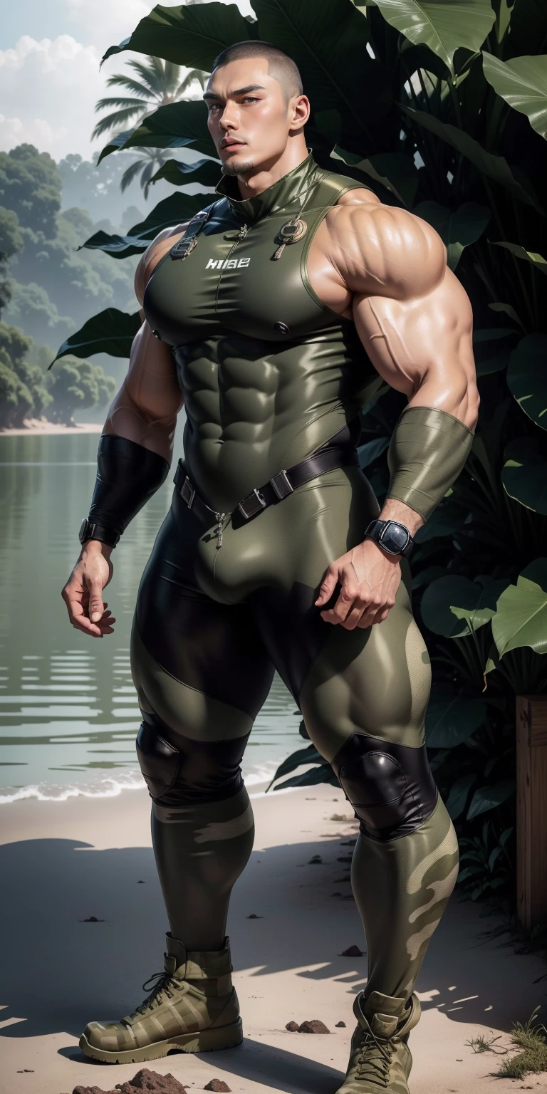 Tall giant muscular man with his mouth open and screaming.，Khaki camouflage uniform，strong tough guy，Buzz Cut，white short hair，Wearing a khaki camouflage wetsuit，matte texture，regular symmetrical texture pattern，Standing in the dark sugar cane jungle, The body  wrapped in thick rattan，Sad expression，Deep and charming eyes，The hero with emerald pupils，heroic male pose，高urly，muscular！Charming leg muscles，High, burly, Heqiang， Wearing a khaki camouflage wetsuit， Super gain and cool， high resolution committee， Big feet in black boots，Charming strong man，The bright sunshine shines on you