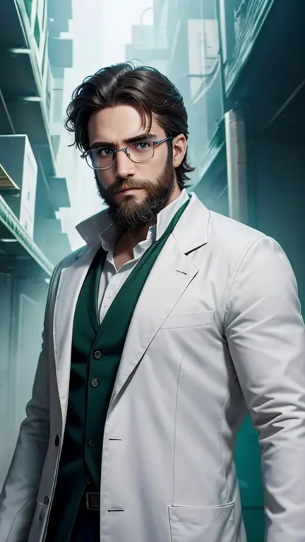 green eyes、beard、hero of glasses、white coat worn by scientists、alone、There are also researchers、There are scientists、graduate sc...