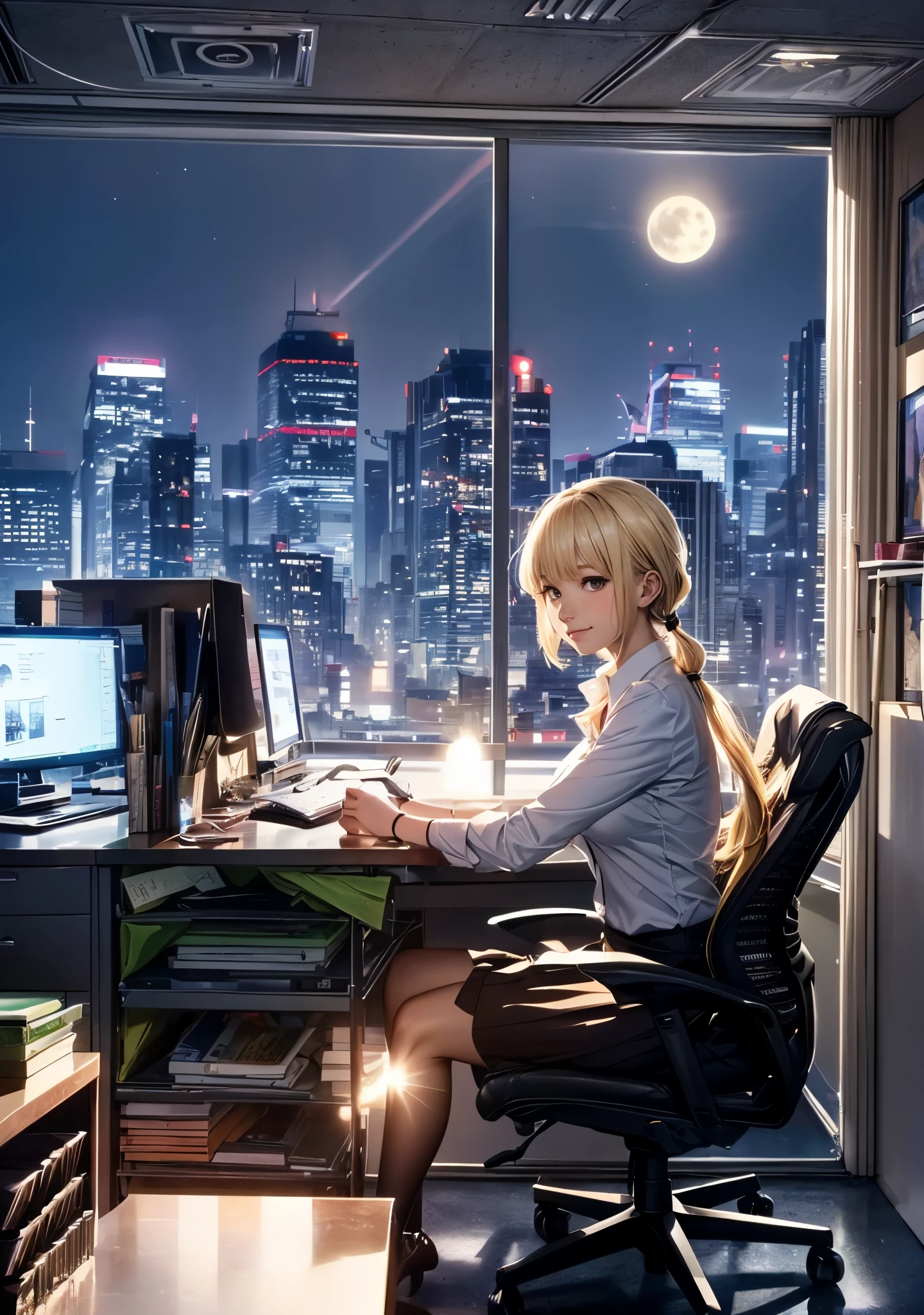 melody mark,highest quality,muste piece,1 female,solo,(psychedelia),(Office Lady:1.5),(lots of computers and documents),A ray of light spreads,(nostalgic scenery),I can see the building from my office window.,(full moon: 1.2),(short low twintails blonde hair),A wistful smile