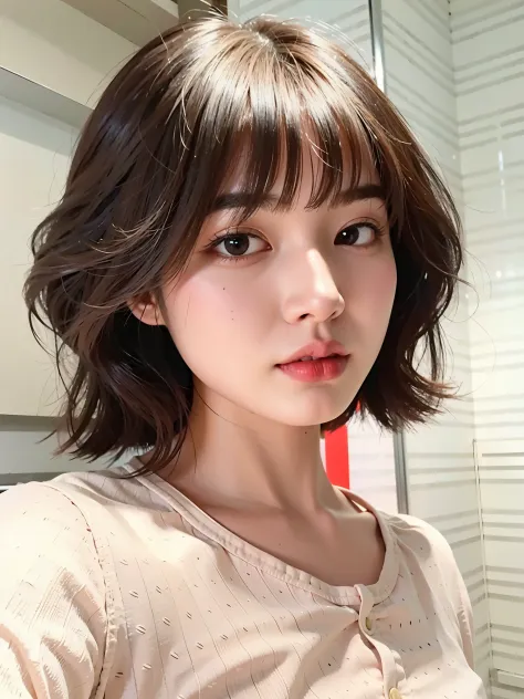 There  a young girl wearing a pink shirt, short hair, 短curls with bangs, Urzan, young cute korean face, korean girl, Hair with b...