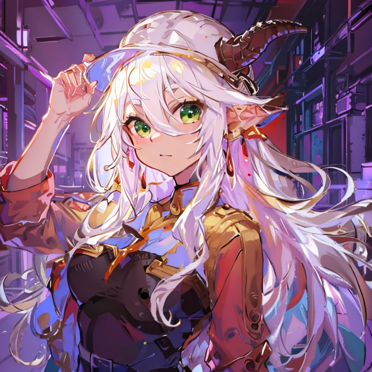 8k, best quality, masterpiece, (ultra-detailed:1.1), (high detailed skin), (full body:1.2), white background, standing, looking at viewer, solo, hand on hip, fll, twintails, 1girl, pointy ears, round face,white hair, green eyes, elf, pantyhose, long hair, earrings, black pantyhose, white capelet, long sleeves, dress, (white background,  background,:1.2), ( good hands, nice hands:0.5), (beautiful_face), ((intricate_detail)), clear face, ((finely_detailed)), fine_fabric_emphasis, ((glossy)), full_shot,big breast, curvy,standing