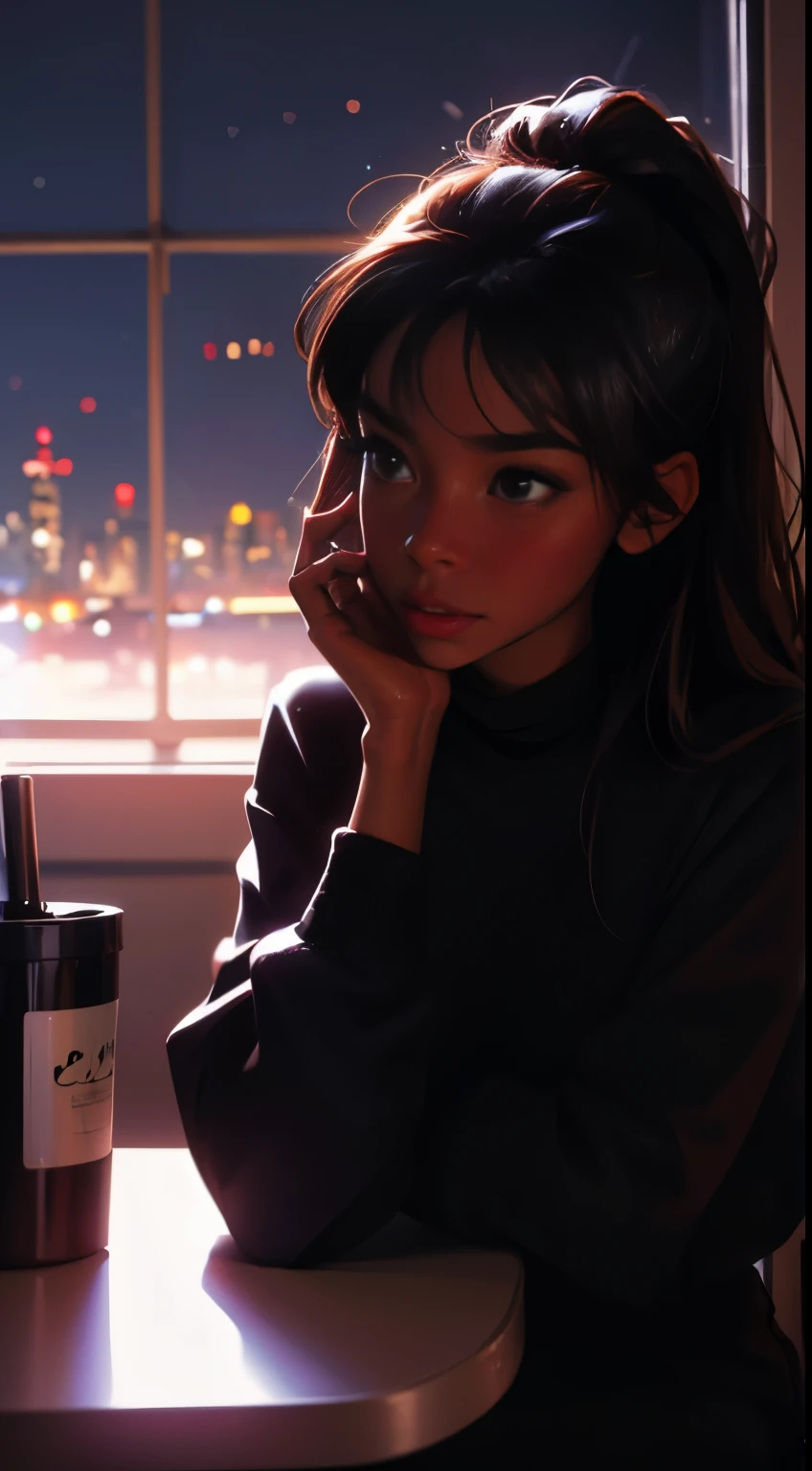 ((masterpiece, best quality, ultra detailed, ultra high res)), ((night)), (distant), chiaroscuro, coffee, indoors, solo focus, pov, (through the window), (armrest), 1 girl,(dark skin), ebony skin, ebony nose, full lips, facing away, black hair, long hair, distracted, sitting, fuzzy sweater shirt, (looking away), streetspace, neon lights, particles, luminous dark brown eyes,