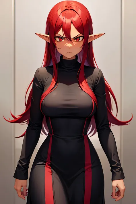 black skin woman, red hair, angry face, elf ears, black dress.