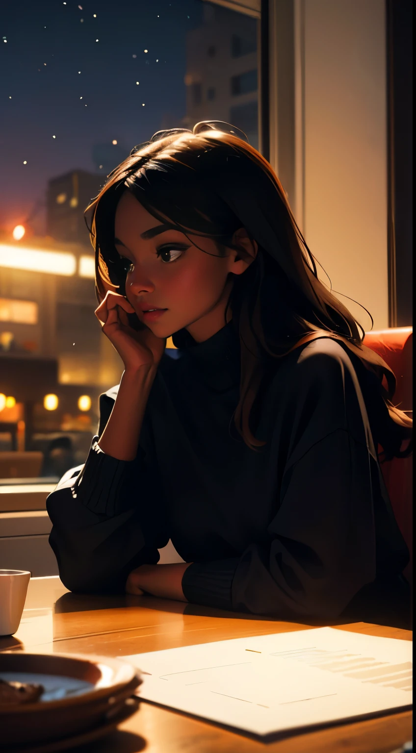 ((masterpiece, best quality, ultra detailed, ultra high res)), ((night)), (distant), chiaroscuro, coffee, indoors, solo focus, pov, (through the window), (armrest), 1 girl,(dark skin), ebony skin, ebony nose, full lips, facing away, black hair, long hair, distracted, sitting, fuzzy sweater shirt, (looking away), streetspace, neon lights, particles, luminous dark brown eyes,