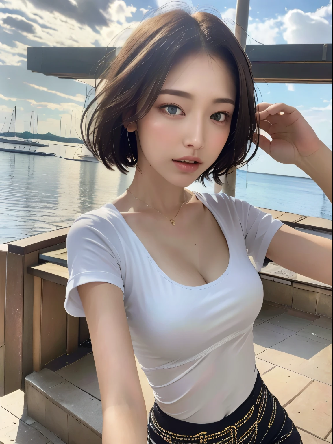 (8K, highest quality, masterpiece: 1.2), (hair_style), (realistic, photorealistic: 1.37), highest quality, masterpiece, in the summer sunshine, sky and sea view, Photographed on the wooden deck, [small breast tuck light, Shoot from the waist up, camera angle from bottom to top, pose with hair raked up with hands, Photographed in natural light from morning until noon, Hairstyles and fashion styles that match the Japan trends of 2023, realistic, Super detailed, 30 generations, actress, Half Japanese and Russian model, elaborate CG, thin, adorable, hairstyle matches the fashion of Japan in 2023 short bob cut fluttering in the wind, delicate skin type, Fine details and softness, model hair color  bright and soft, Choose a short T-shirt that matches the summer trends of 2023、Pair it with light pastel colors to match your surf fashion..