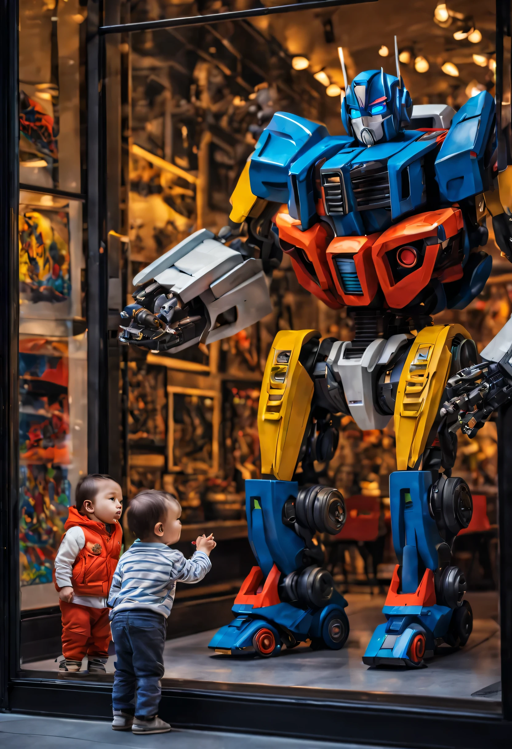 An adorable scene unfolds in a store window display, capturing the essence of Pixar style. Within the playpen, a bunch of baby transformers and gundams come to life, crawling and exploring with their mechanical limbs. Their vibrant colors and intricate designs add a touch of whimsy to the scene. Outside the playpen, a curious child walks hand-in-hand with his father. Mesmerized by the sight, the child presses his nose against the glass, leaving a tiny smudge behind. His eyes widen with wonder as he watches the miniaturized robots engage in their playful antics. The artwork is rendered with the utmost attention to detail, ensuring the best quality and realistic representation. Every brush stroke and line captures the spirit of these mechanical wonders, resulting in a masterpiece. The use of studio lighting enhances the depth and dimension of the image, showcasing the extraordinary world of baby transformers and gundams. The color palette chosen for this artwork is vibrant and vivid, mirroring the cheerfulness of the animated world. Each robot is uniquely painted, boasting vivid hues that highlight their individuality. The overall scene is bathed in warm tones, creating a cozy and welcoming atmosphere. The lighting in the store window display is carefully crafted to accentuate the playful nature of the scene. Soft, diffused light spills from above, casting gentle shadows and adding depth to the robots and their surroundings. The interplay between light and shadow creates a sense of movement and liveliness, making the tiny characters come alive before our eyes. Through this prompt, the Stable Diffusion model can encapsulate the Pixar style, the endearing sight of baby transformers and gundams crawling in a playpen, the enchantment felt by the child, and the overall charm of the store window display.