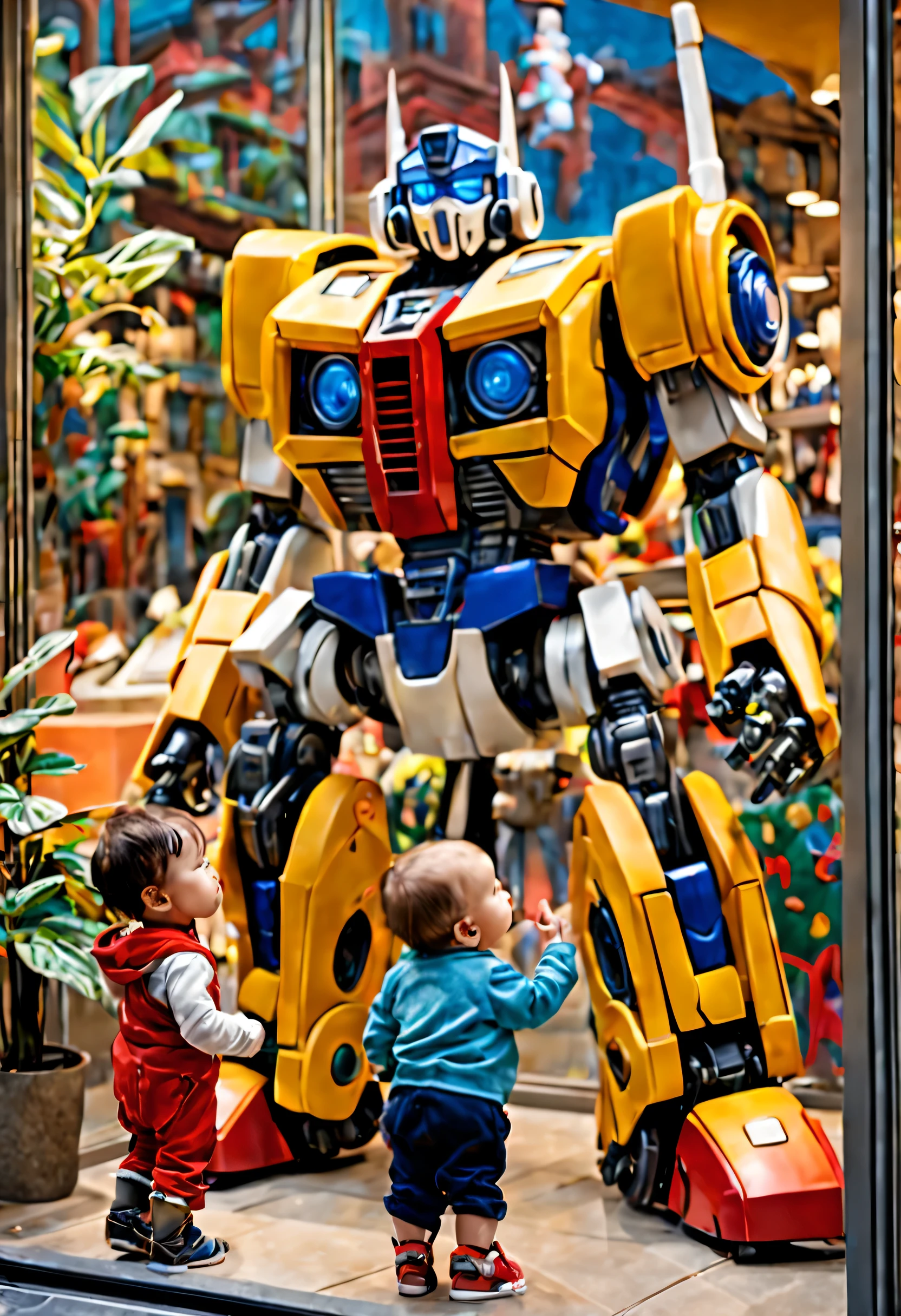 An adorable scene unfolds in a store window display, capturing the essence of Pixar style. Within the playpen, a bunch of baby transformers and gundams come to life, crawling and exploring with their mechanical limbs. Their vibrant colors and intricate designs add a touch of whimsy to the scene. Outside the playpen, a curious child walks hand-in-hand with his father. Mesmerized by the sight, the child presses his nose against the glass, leaving a tiny smudge behind. His eyes widen with wonder as he watches the miniaturized robots engage in their playful antics. The artwork is rendered with the utmost attention to detail, ensuring the best quality and realistic representation. Every brush stroke and line captures the spirit of these mechanical wonders, resulting in a masterpiece. The use of studio lighting enhances the depth and dimension of the image, showcasing the extraordinary world of baby transformers and gundams. The color palette chosen for this artwork is vibrant and vivid, mirroring the cheerfulness of the animated world. Each robot is uniquely painted, boasting vivid hues that highlight their individuality. The overall scene is bathed in warm tones, creating a cozy and welcoming atmosphere. The lighting in the store window display is carefully crafted to accentuate the playful nature of the scene. Soft, diffused light spills from above, casting gentle shadows and adding depth to the robots and their surroundings. The interplay between light and shadow creates a sense of movement and liveliness, making the tiny characters come alive before our eyes. Through this prompt, the Stable Diffusion model can encapsulate the Pixar style, the endearing sight of baby transformers and gundams crawling in a playpen, the enchantment felt by the child, and the overall charm of the store window display.