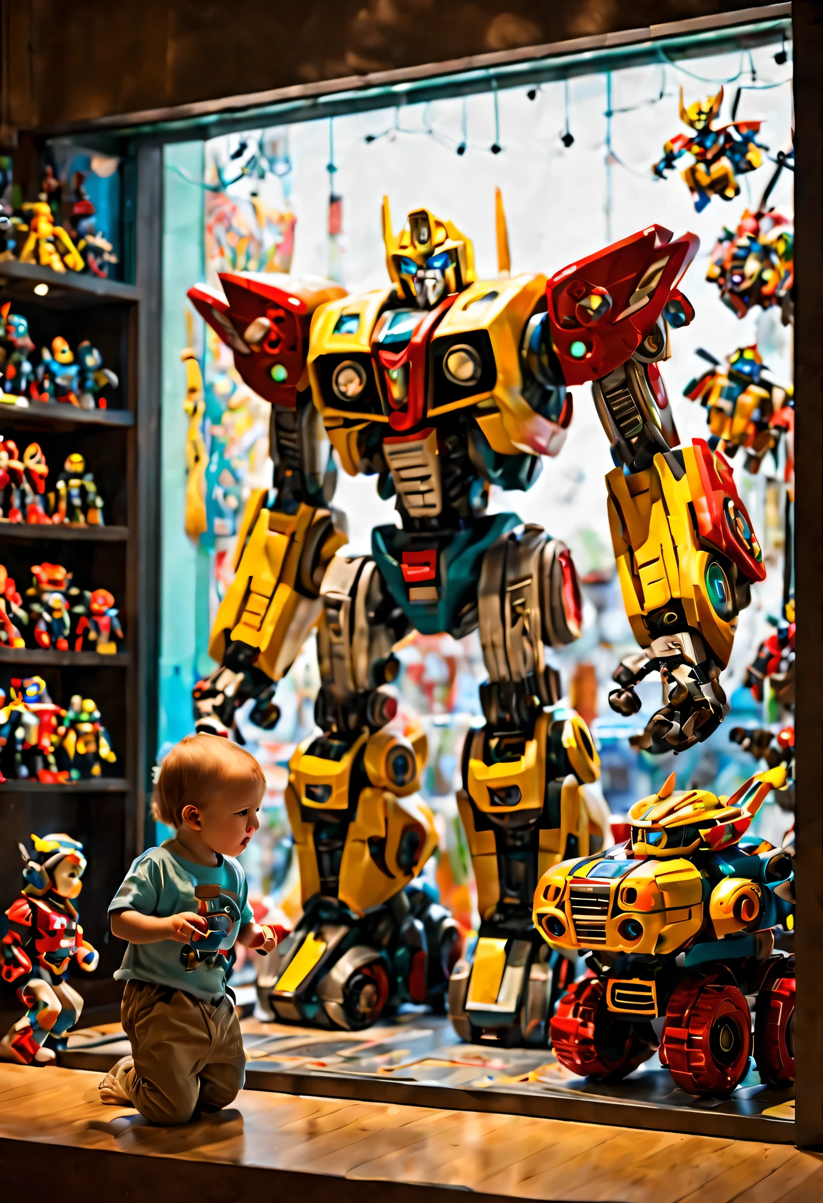An adorable scene unfolds in a store window display, capturing the essence of Pixar style. Within the playpen, a bunch of baby transformers and gundams come to life, crawling and exploring with their mechanical limbs. Their vibrant colors and intricate designs add a touch of whimsy to the scene. Outside the playpen, a curious child walks hand-in-hand with his father. Mesmerized by the sight, the child presses his nose against the glass, leaving a tiny smudge behind. His eyes widen with wonder as he watches the miniaturized robots engage in their playful antics. The artwork is rendered with the utmost attention to detail, ensuring the best quality and realistic representation. Every brush stroke and line captures the spirit of these mechanical wonders, resulting in a masterpiece. The use of studio lighting enhances the depth and dimension of the image, showcasing the extraordinary world of baby transformers and gundams. The color palette chosen for this artwork is vibrant and vivid, mirroring the cheerfulness of the animated world. Each robot is uniquely painted, boasting vivid hues that highlight their individuality. The overall scene is bathed in warm tones, creating a cozy and welcoming atmosphere. The lighting in the store window display is carefully crafted to accentuate the playful nature of the scene. Soft, diffused light spills from above, casting gentle shadows and adding depth to the robots and their surroundings. The interplay between light and shadow creates a sense of movement and liveliness, making the tiny characters come alive before our eyes. Through this prompt, the Stable Diffusion model can encapsulate the Pixar style, the endearing sight of baby transformers and gundams crawling in a playpen, the enchantment felt by the child, and the overall charm of the store window display.