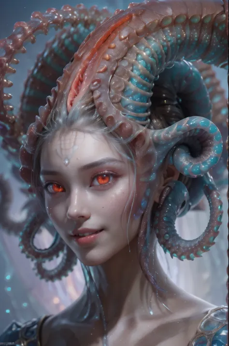 scary and sexy detailed art in color, portrait, (beautiful and obscene female alien:1.4), (vulgarity1.5), (she has red eyes with...