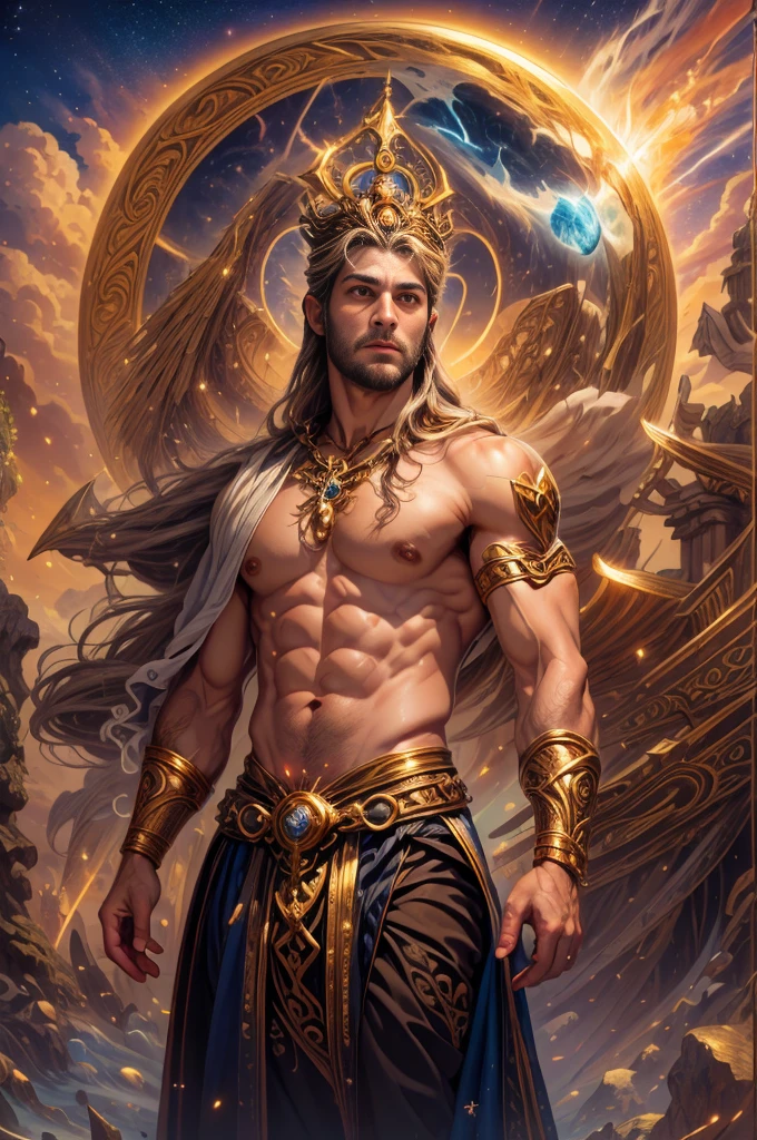 um retrato de(( um homem )) com barba, ((pernas musculosas)), ((peitoral forte e largo))in high definition, em 8K de ((um homem)) de 18 anos, (( Homem)), Deus do Mar, Deus do Oceano, Luthien, arte de deus, Deus da mitologia grega, Deus da Lua, Deus do amor e da paz, deus bonito, Mitologia do Deus da Terra, o deus Eros, Um retrato impressionante de um deus, Frank Kelly Freas, Estilo Karol Bak, ((beautiful face)), Ultra Definition, melhor qualidade, 32k ultra , Ultra HD