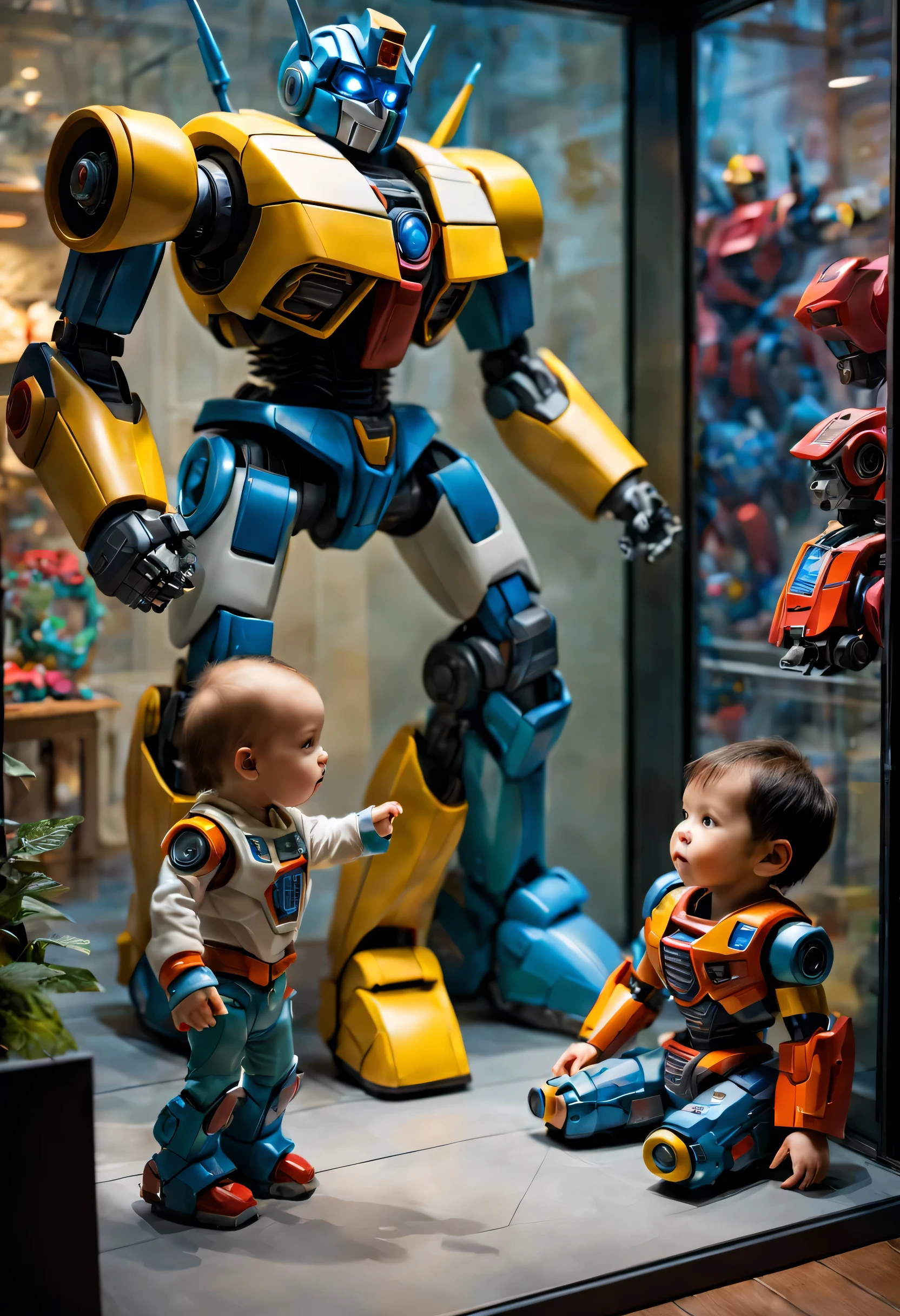 An adorable scene unfolds in a store window display, capturing the essence of Pixar style. Within the playpen, a bunch of baby transformers and gundams come to life, crawling and exploring with their mechanical limbs. Their vibrant colors and intricate designs add a touch of whimsy to the scene. Outside the playpen, a curious child walks hand-in-hand with his father. Mesmerized by the sight, the child presses his nose against the glass, leaving a tiny smudge behind. His eyes widen with wonder as he watches the miniaturized robots engage in their playful antics. The artwork is rendered with the utmost attention to detail, ensuring the best quality and realistic representation. Every brush stroke and line captures the spirit of these mechanical wonders, resulting in a masterpiece. The use of studio lighting enhances the depth and dimension of the image, showcasing the extraordinary world of baby transformers and gundams. The color palette chosen for this artwork is vibrant and vivid, mirroring the cheerfulness of the animated world. Each robot is uniquely painted, boasting vivid hues that highlight their individuality. The overall scene is bathed in warm tones, creating a cozy and welcoming atmosphere. The lighting in the store window display is carefully crafted to accentuate the playful nature of the scene. Soft, diffused light spills from above, casting gentle shadows and adding depth to the robots and their surroundings. The interplay between light and shadow creates a sense of movement and liveliness, making the tiny characters come alive before our eyes. Through this prompt, the Stable Diffusion model can encapsulate the Pixar style, the endearing sight of baby transformers and gundams crawling in a playpen, the enchantment felt by the child, and the overall charm of the store window display.