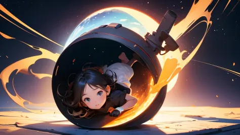 A cute child  playing with toys，A black hole suddenly appeared next to her and took her to travel inside the solar .，Use picture...